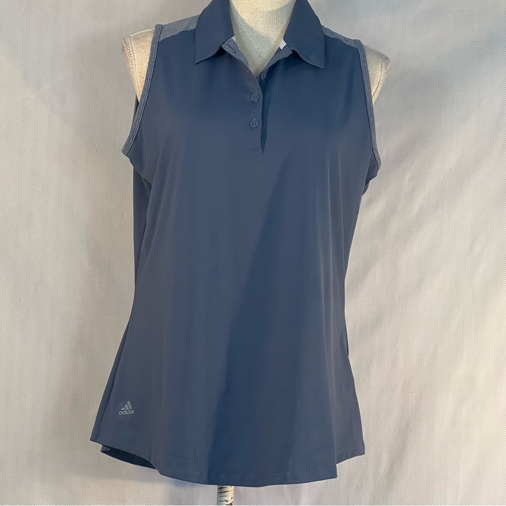 Adidas Golf Shirt Light Blue Sleeveless Collared 1/4 Button Gray Trim EUC L👍